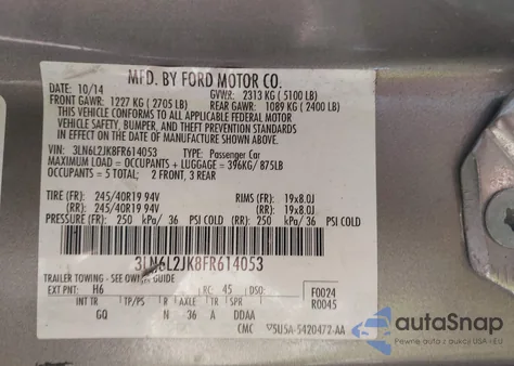 2015 Lincoln Mkz z USA, uszkodzony, nr VIN 3LN6L2JK8FR614053